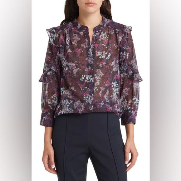 TED BAKER‎ Chesco Floral Print Ruffle Top In Dark Blue - Picture 1 of 10